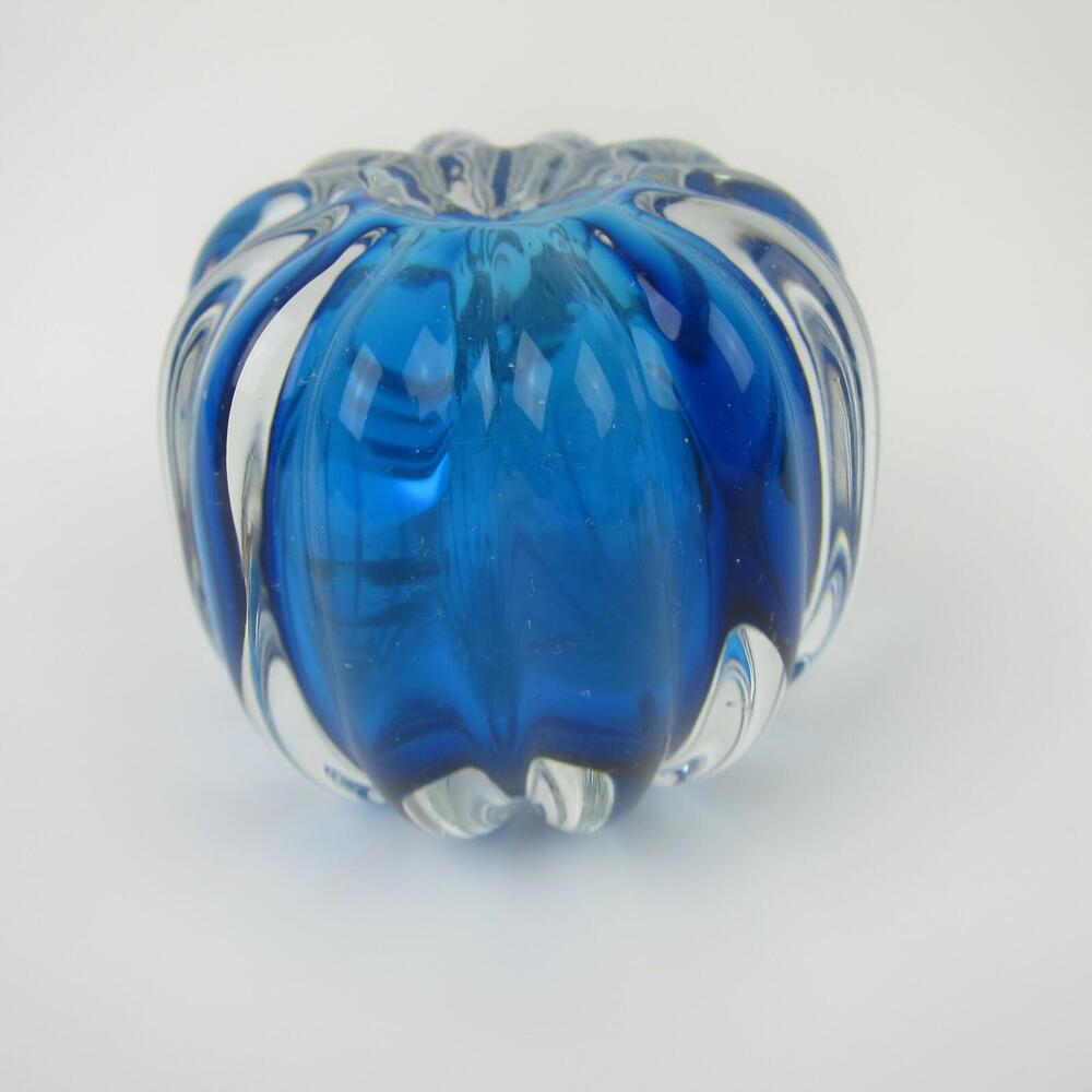 Vintage Art Glass Paperweight Clear Ridged Pumpkin Cobalt Blue Swirl Center 2.5"